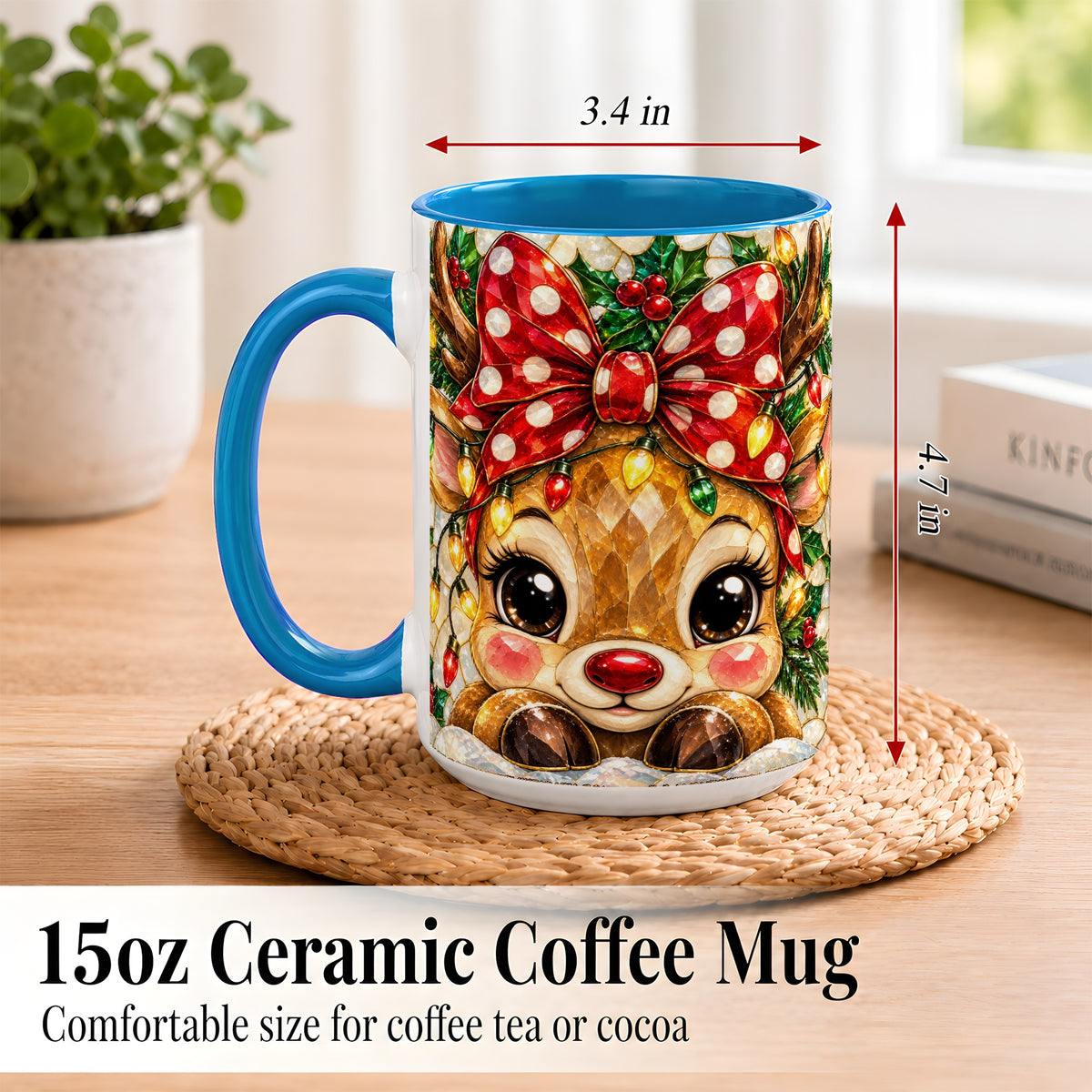 #pl[15oz|Blue] Mosaic Reindeer Coffee Mug, Christmas Bow Mug, Ceramic Cup