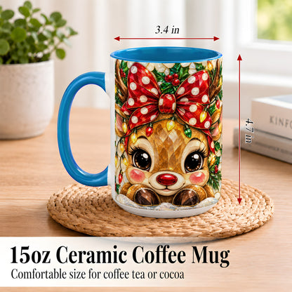 #pl[15oz|Blue] Mosaic Reindeer Coffee Mug, Christmas Bow Mug, Ceramic Cup