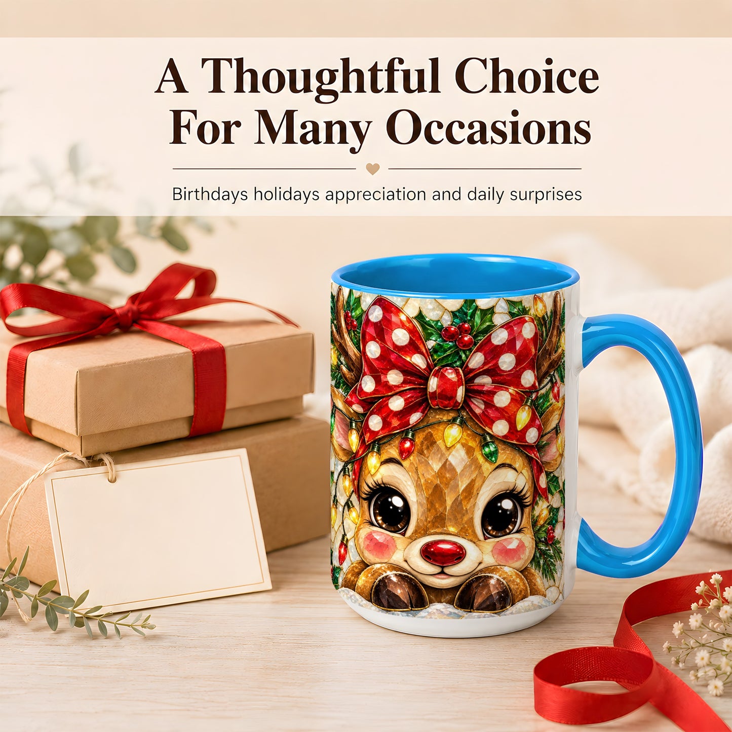 #pl[15oz|Blue] Mosaic Reindeer Coffee Mug, Christmas Bow Mug, Ceramic Cup