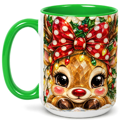 #pl[15oz|Green] Mosaic Reindeer Coffee Mug, Christmas Bow Mug, Ceramic Cup
