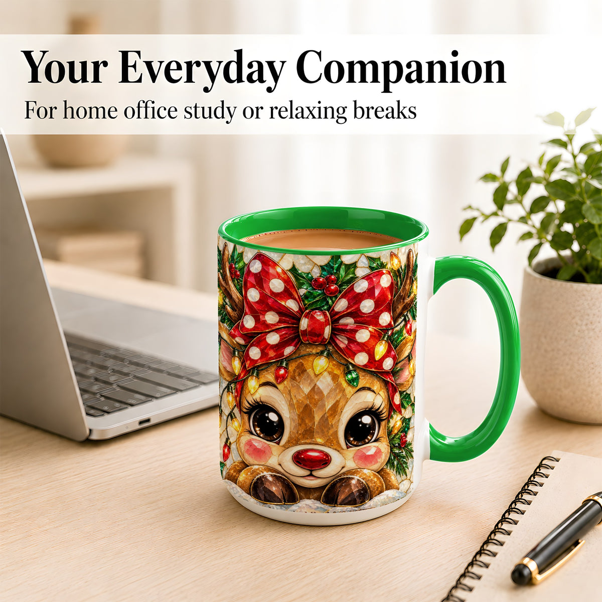 #pl[15oz|Green] Mosaic Reindeer Coffee Mug, Christmas Bow Mug, Ceramic Cup