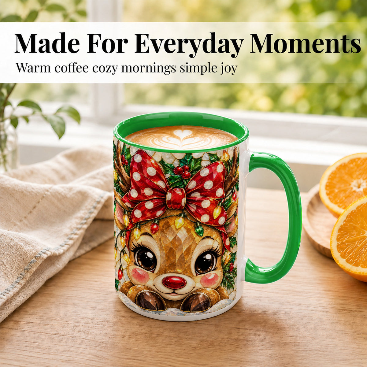 #pl[15oz|Green] Mosaic Reindeer Coffee Mug, Christmas Bow Mug, Ceramic Cup