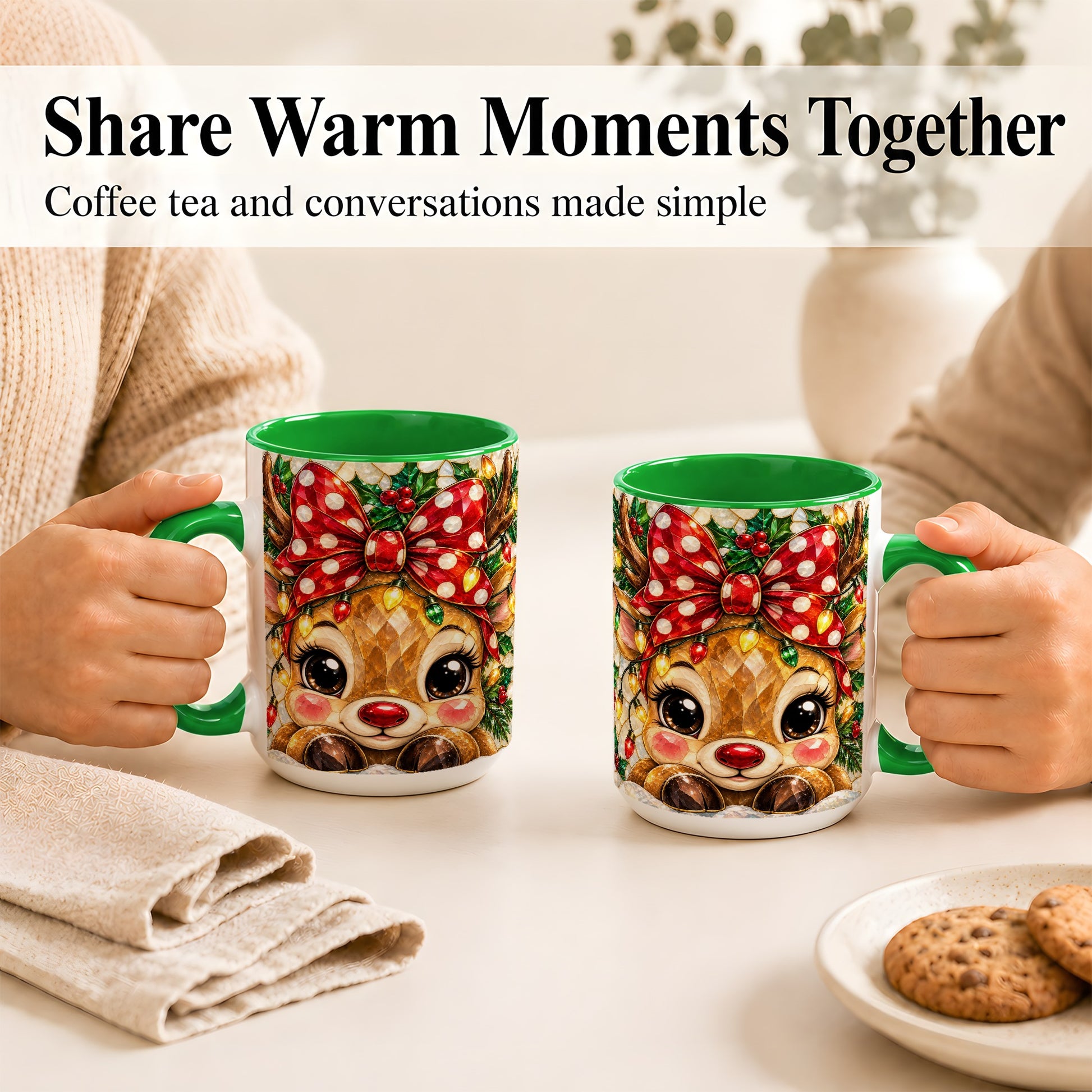 #pl[15oz|Green] Mosaic Reindeer Coffee Mug, Christmas Bow Mug, Ceramic Cup