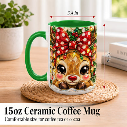 #pl[15oz|Green] Mosaic Reindeer Coffee Mug, Christmas Bow Mug, Ceramic Cup