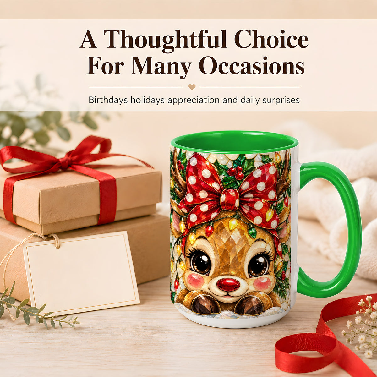 #pl[15oz|Green] Mosaic Reindeer Coffee Mug, Christmas Bow Mug, Ceramic Cup