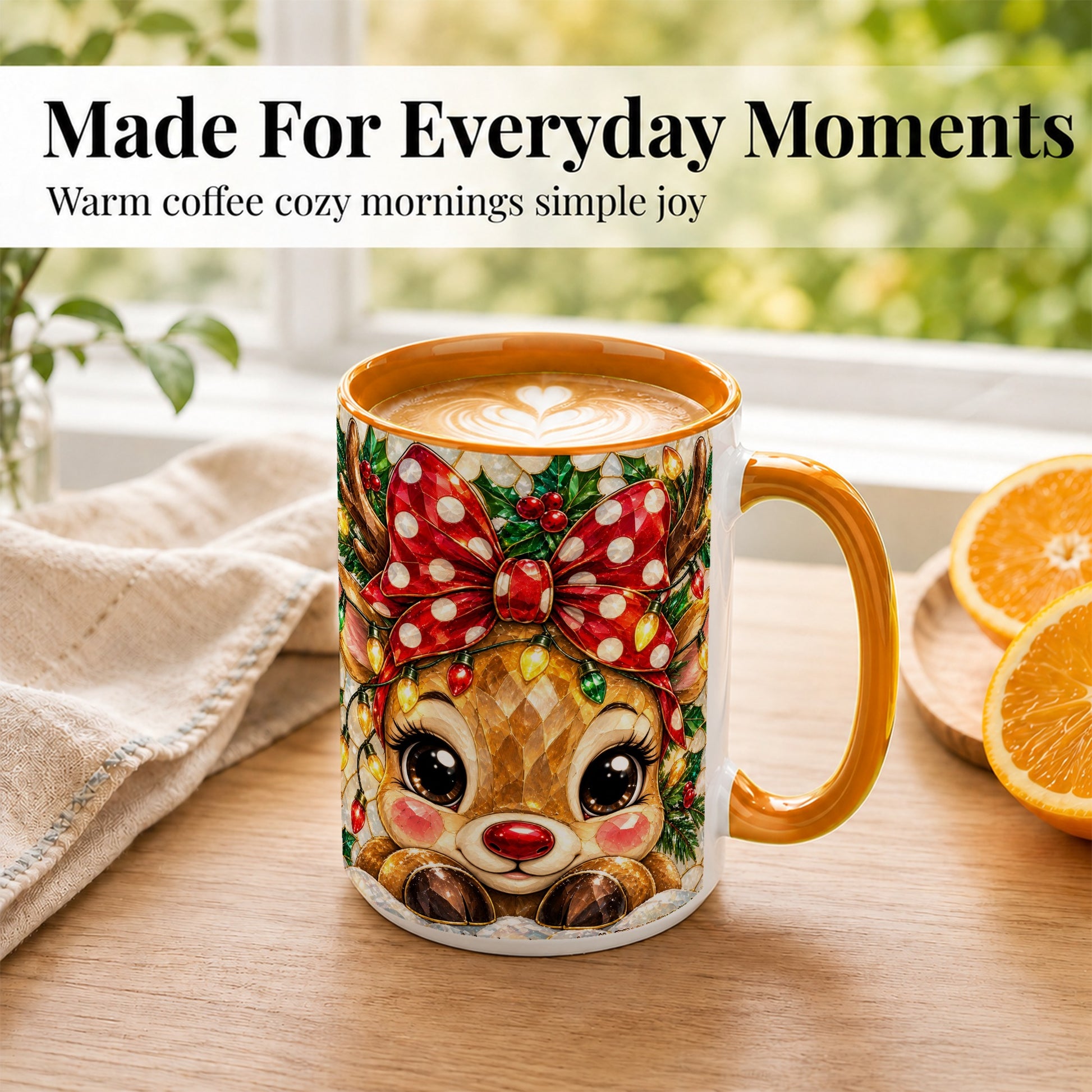 #pl[15oz|Orange] Mosaic Reindeer Coffee Mug, Christmas Bow Mug, Ceramic Cup