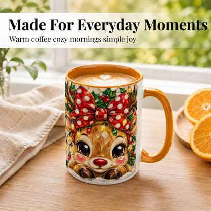 #pl[15oz|Orange] Mosaic Reindeer Coffee Mug, Christmas Bow Mug, Ceramic Cup