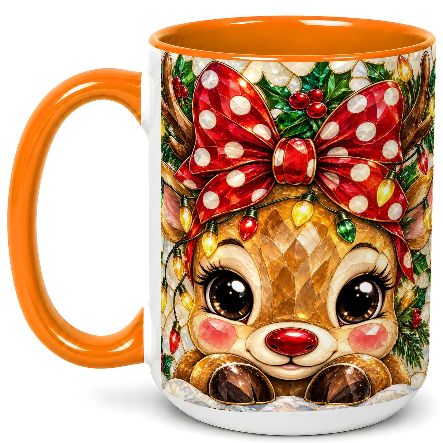#pl[15oz|Orange] Mosaic Reindeer Coffee Mug, Christmas Bow Mug, Ceramic Cup