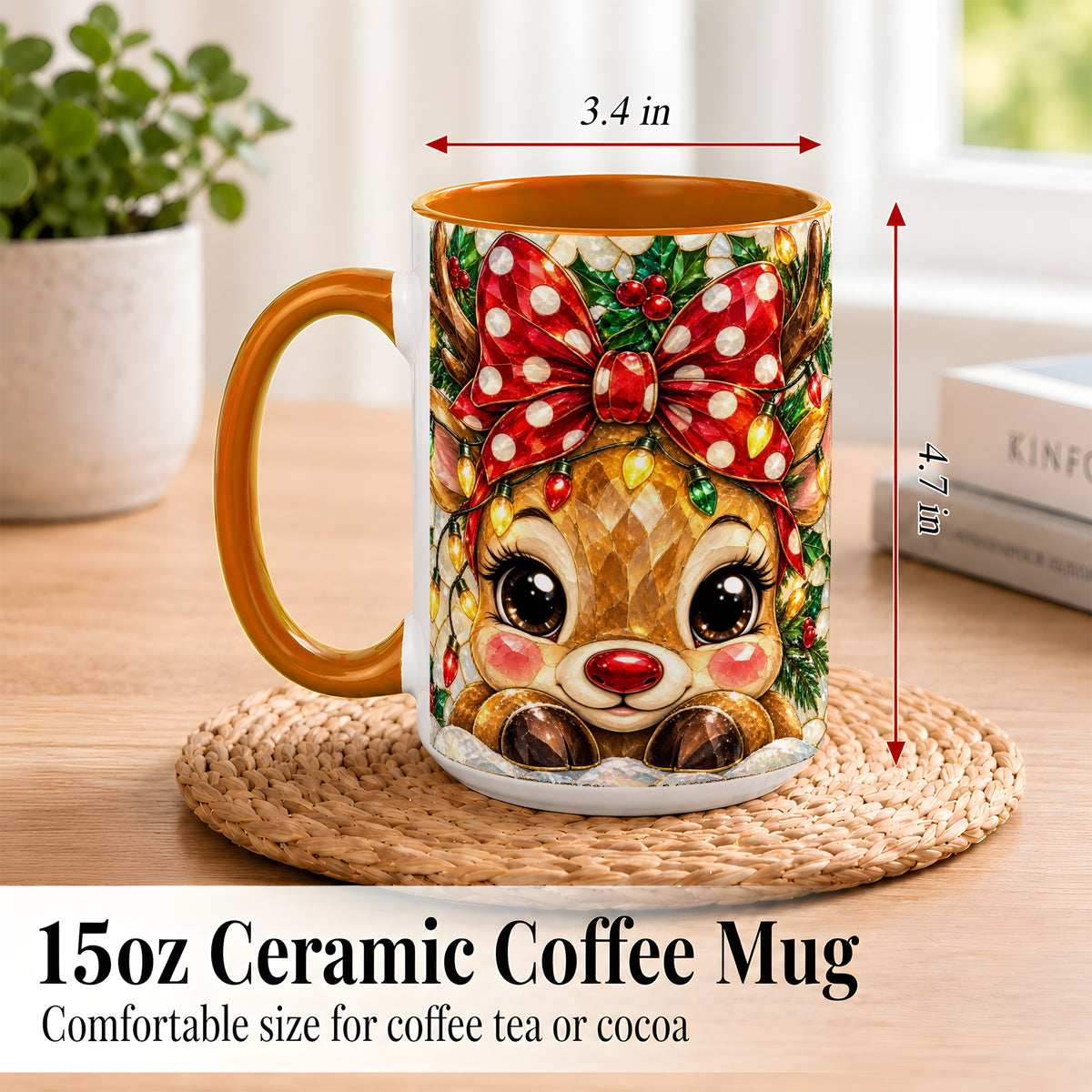 #pl[15oz|Orange] Mosaic Reindeer Coffee Mug, Christmas Bow Mug, Ceramic Cup