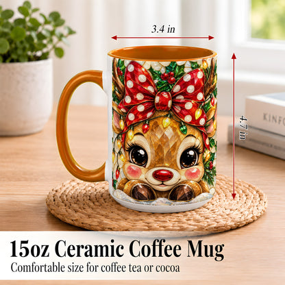 #pl[15oz|Orange] Mosaic Reindeer Coffee Mug, Christmas Bow Mug, Ceramic Cup