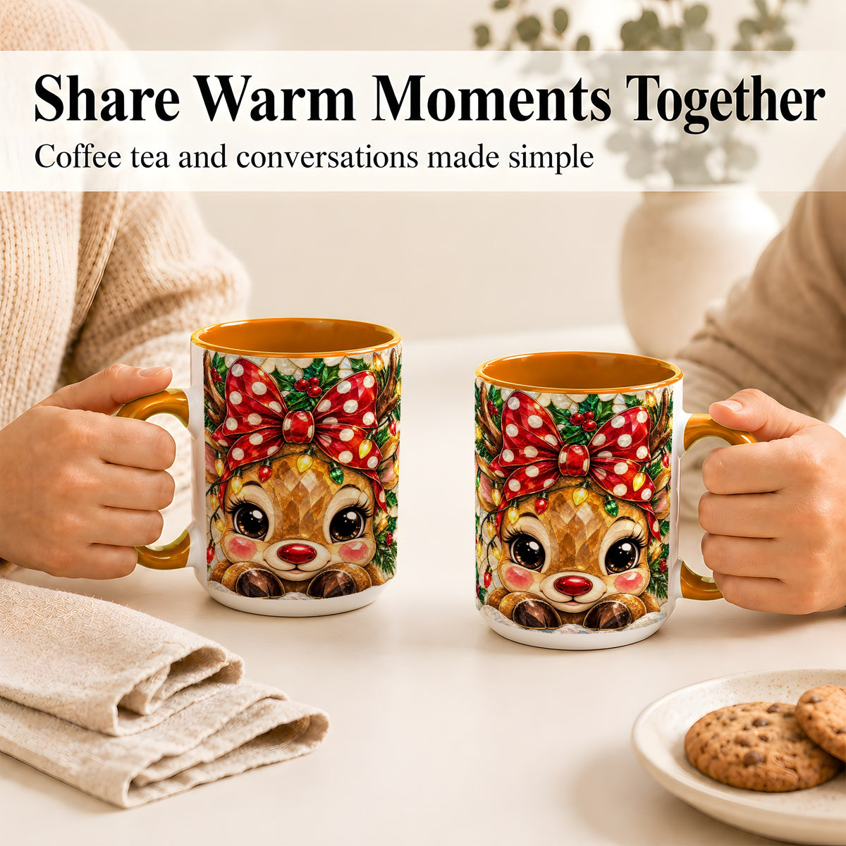 #pl[15oz|Orange] Mosaic Reindeer Coffee Mug, Christmas Bow Mug, Ceramic Cup