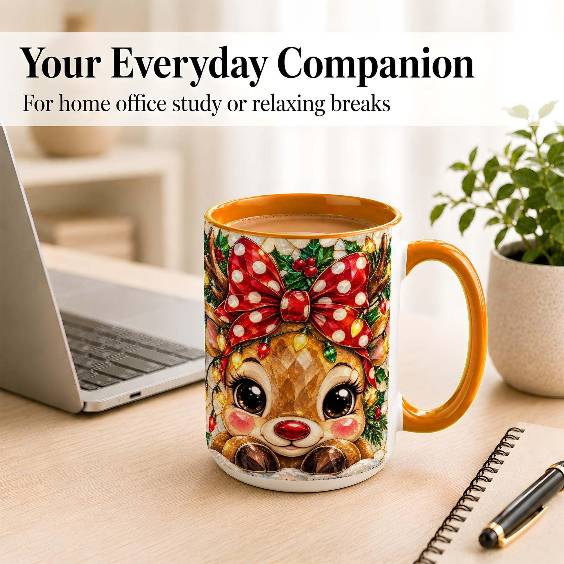 #pl[15oz|Orange] Mosaic Reindeer Coffee Mug, Christmas Bow Mug, Ceramic Cup