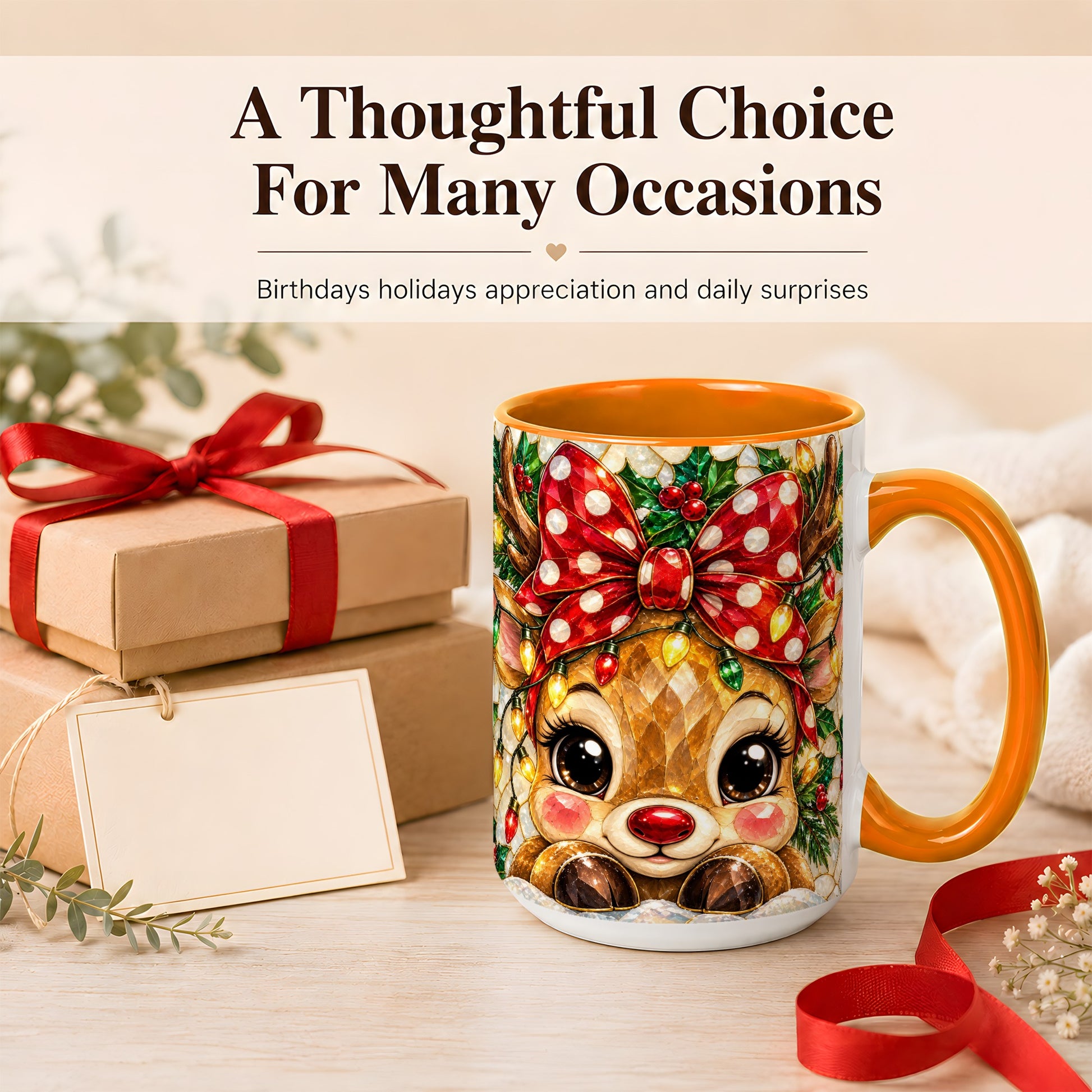 #pl[15oz|Orange] Mosaic Reindeer Coffee Mug, Christmas Bow Mug, Ceramic Cup