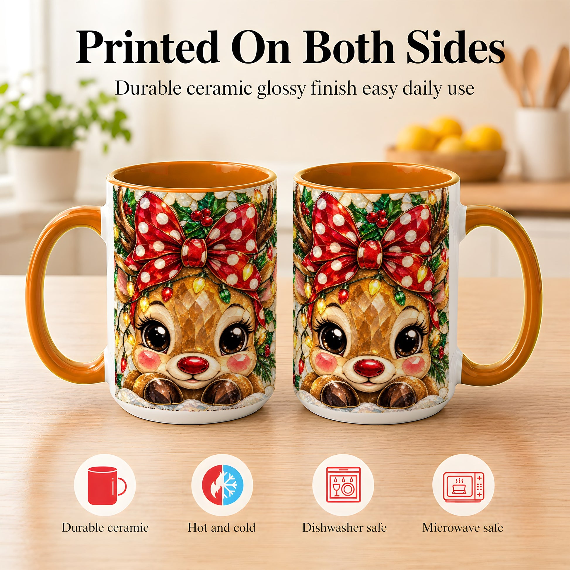 #pl[15oz|Orange] Mosaic Reindeer Coffee Mug, Christmas Bow Mug, Ceramic Cup