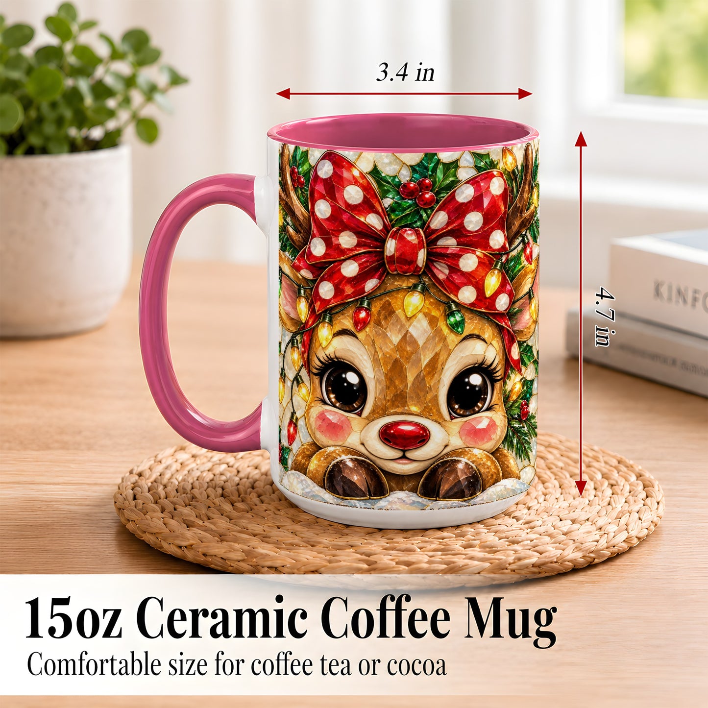 #pl[15oz|Pink] Mosaic Reindeer Coffee Mug, Christmas Bow Mug, Ceramic Cup