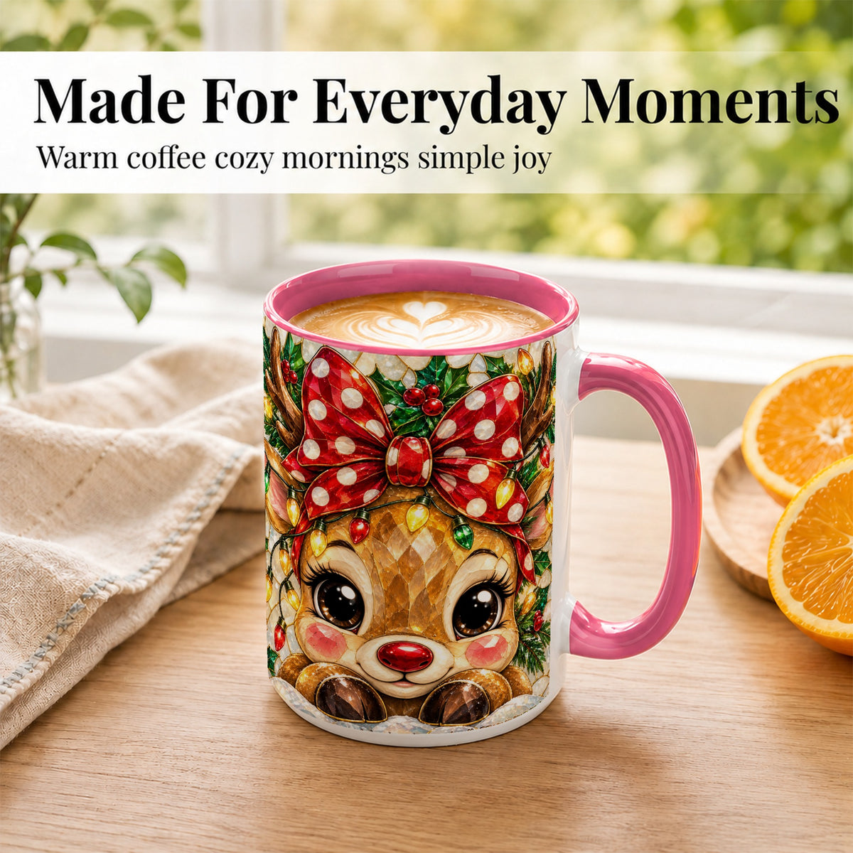 #pl[15oz|Pink] Mosaic Reindeer Coffee Mug, Christmas Bow Mug, Ceramic Cup