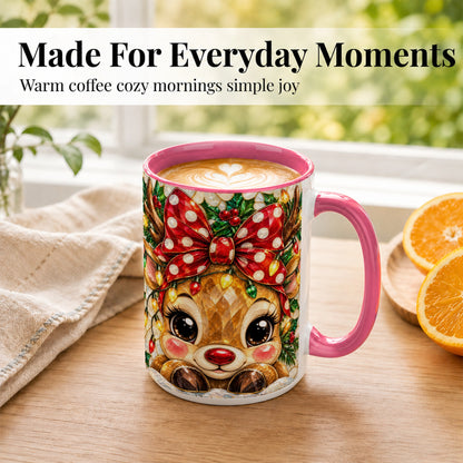 #pl[15oz|Pink] Mosaic Reindeer Coffee Mug, Christmas Bow Mug, Ceramic Cup