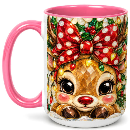 #pl[15oz|Pink] Mosaic Reindeer Coffee Mug, Christmas Bow Mug, Ceramic Cup