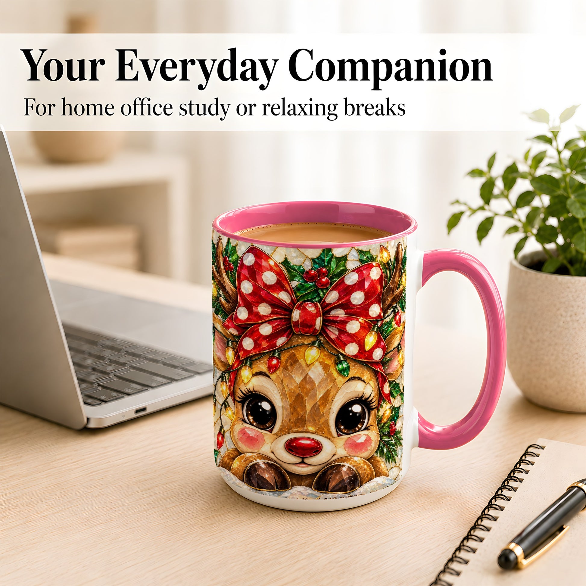 #pl[15oz|Pink] Mosaic Reindeer Coffee Mug, Christmas Bow Mug, Ceramic Cup