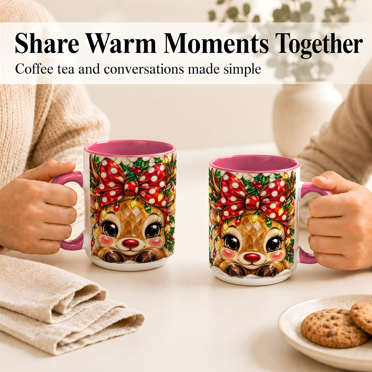 #pl[15oz|Pink] Mosaic Reindeer Coffee Mug, Christmas Bow Mug, Ceramic Cup