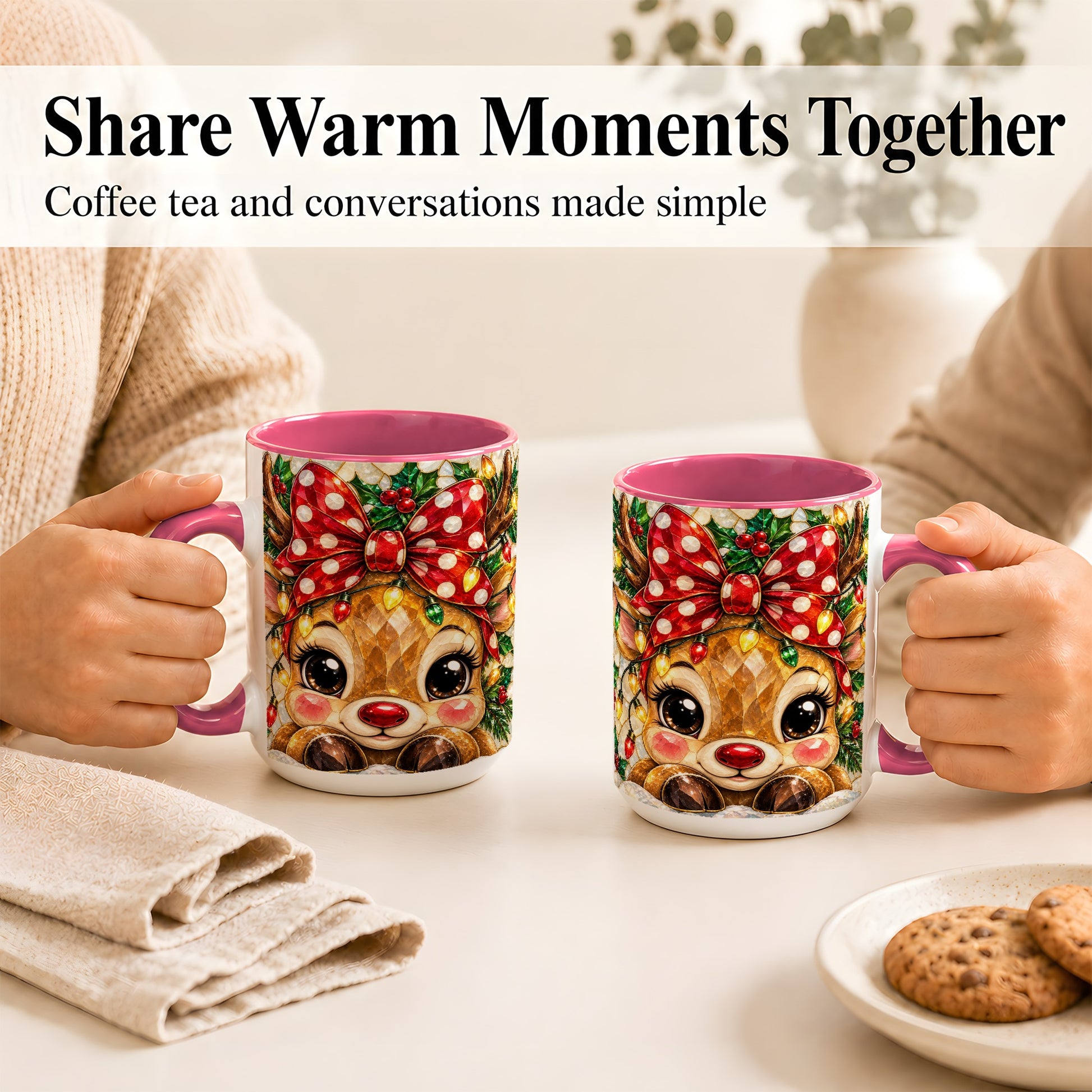 #pl[15oz|Pink] Mosaic Reindeer Coffee Mug, Christmas Bow Mug, Ceramic Cup