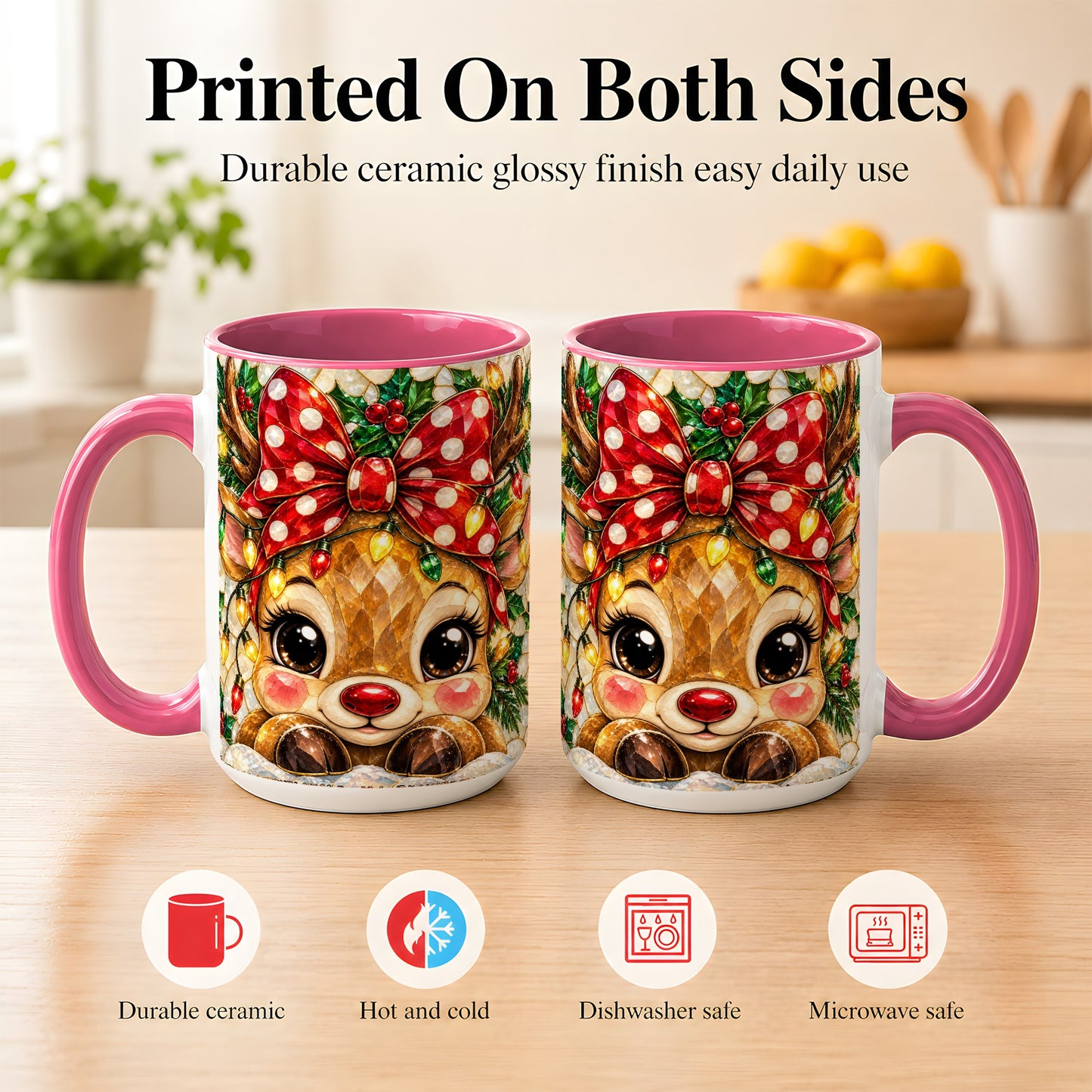 #pl[15oz|Pink] Mosaic Reindeer Coffee Mug, Christmas Bow Mug, Ceramic Cup