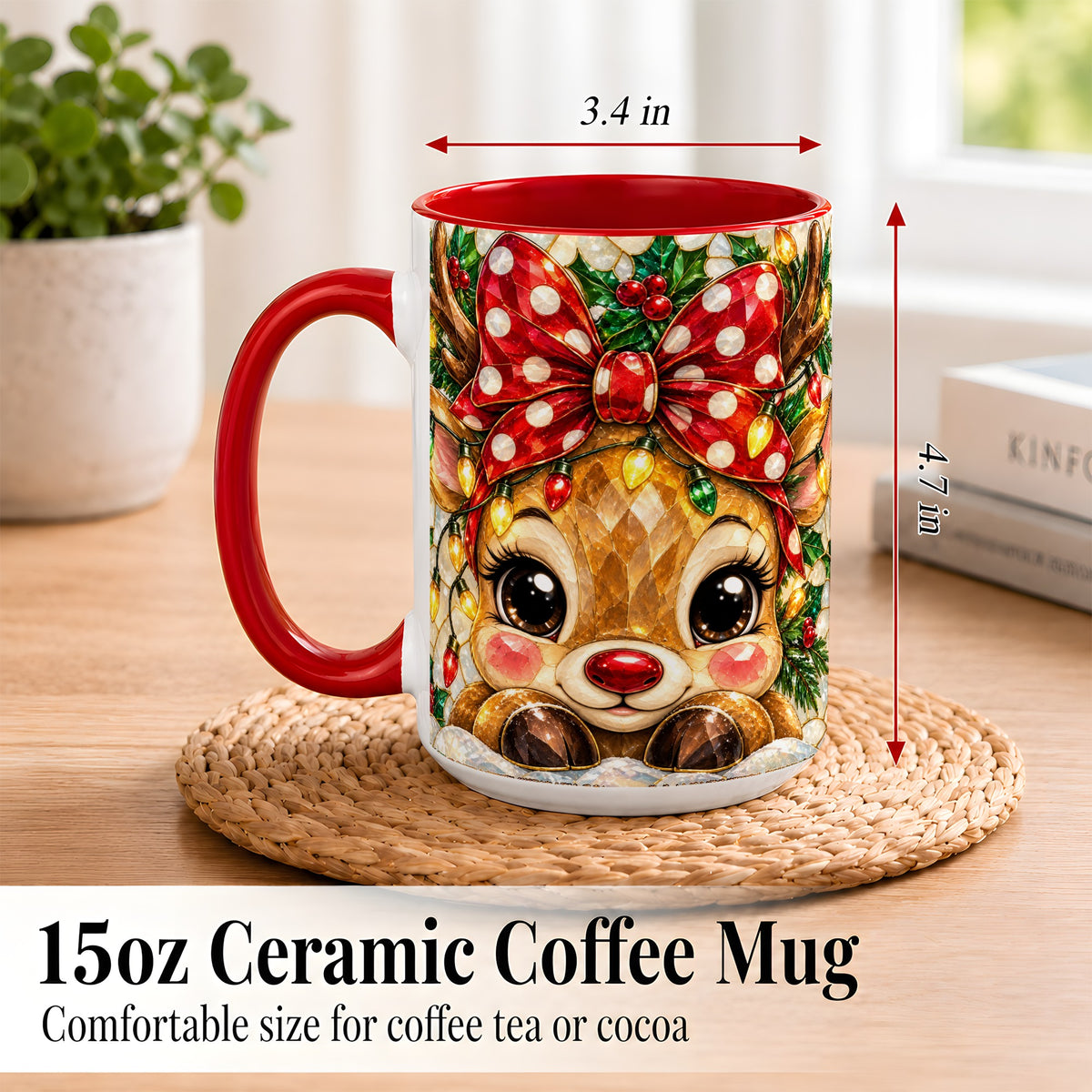 #pl[15oz|Red] Mosaic Reindeer Coffee Mug, Christmas Bow Mug, Ceramic Cup