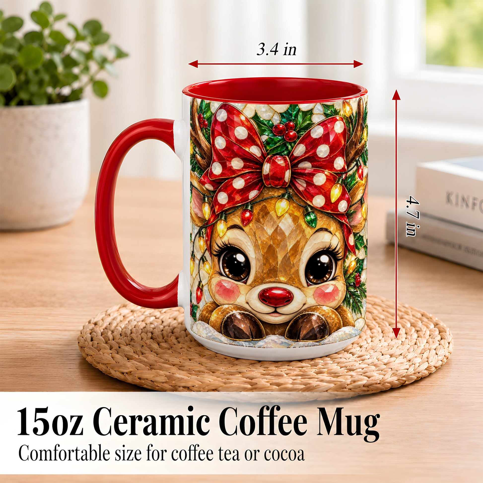 #pl[15oz|Red] Mosaic Reindeer Coffee Mug, Christmas Bow Mug, Ceramic Cup