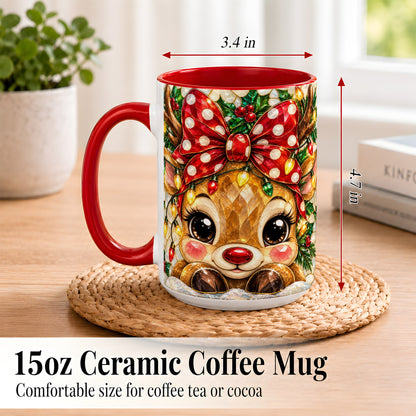 #pl[15oz|Red] Mosaic Reindeer Coffee Mug, Christmas Bow Mug, Ceramic Cup