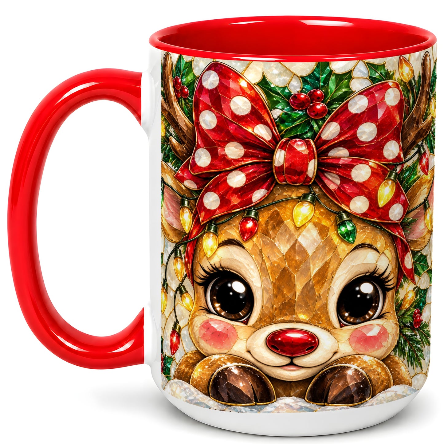 #pl[15oz|Red] Mosaic Reindeer Coffee Mug, Christmas Bow Mug, Ceramic Cup