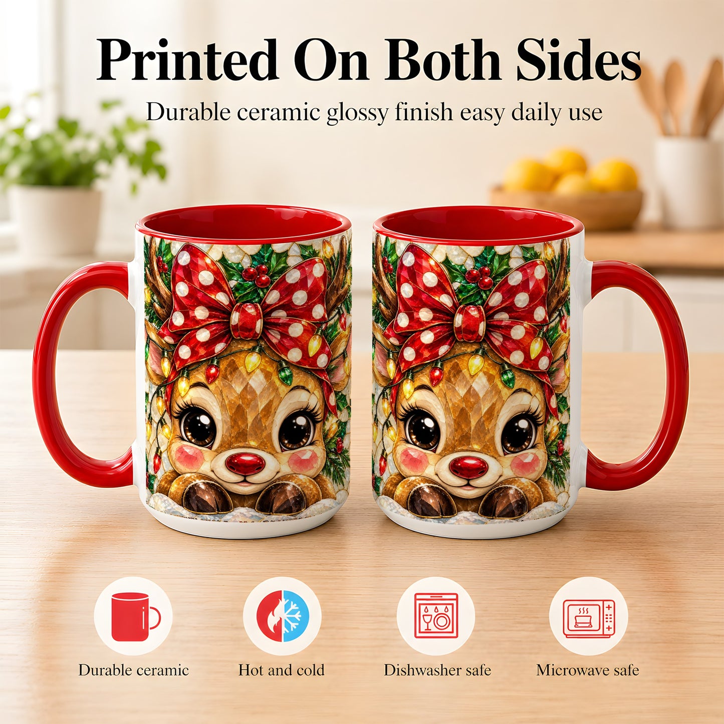 #pl[15oz|Red] Mosaic Reindeer Coffee Mug, Christmas Bow Mug, Ceramic Cup