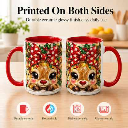 #pl[15oz|Red] Mosaic Reindeer Coffee Mug, Christmas Bow Mug, Ceramic Cup