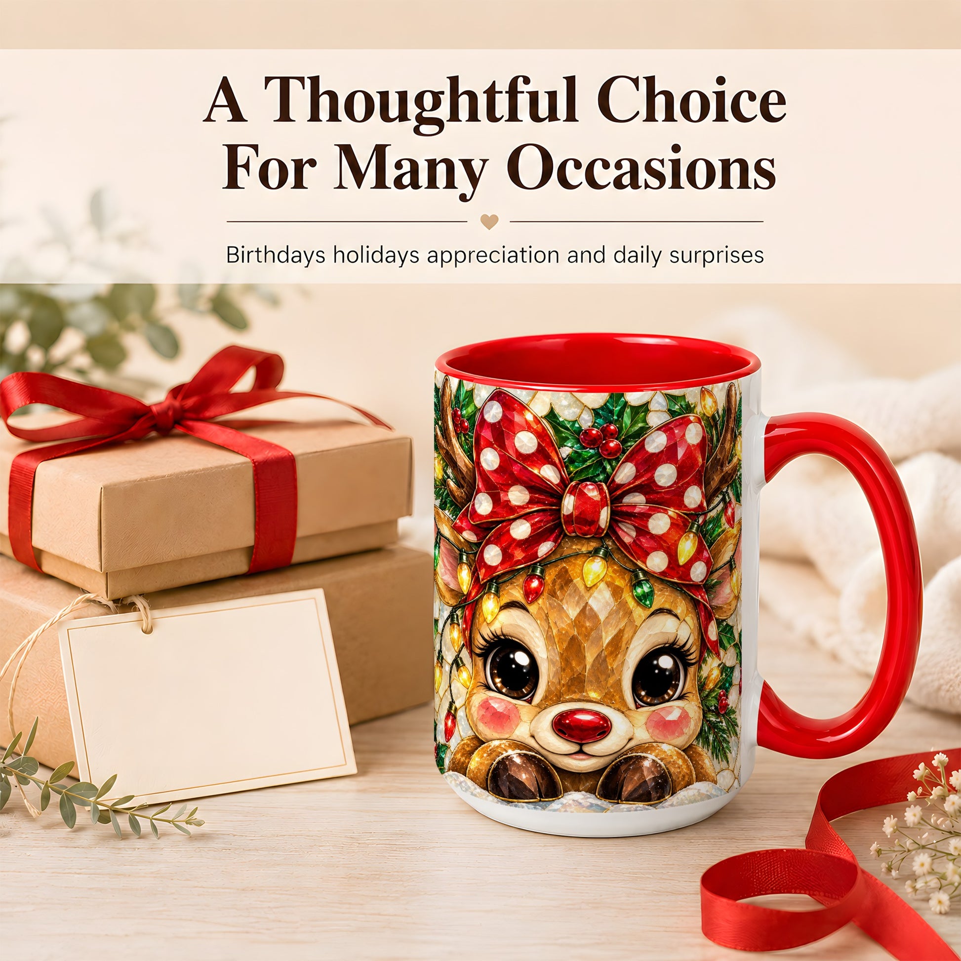 #pl[15oz|Red] Mosaic Reindeer Coffee Mug, Christmas Bow Mug, Ceramic Cup
