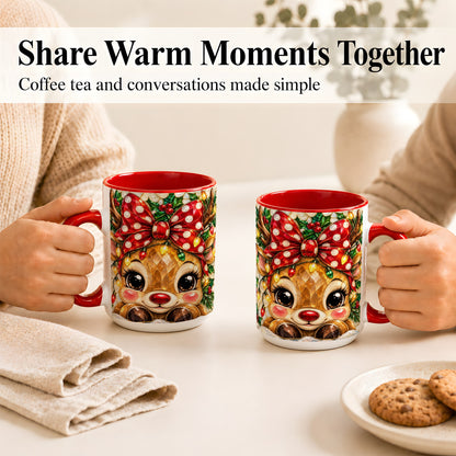 #pl[15oz|Red] Mosaic Reindeer Coffee Mug, Christmas Bow Mug, Ceramic Cup