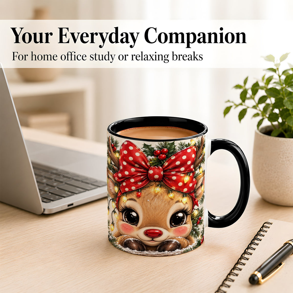 #pl[11oz|Black] Cute Christmas Reindeer Coffee Mug, Holiday Deer Mug, Ceramic Cup