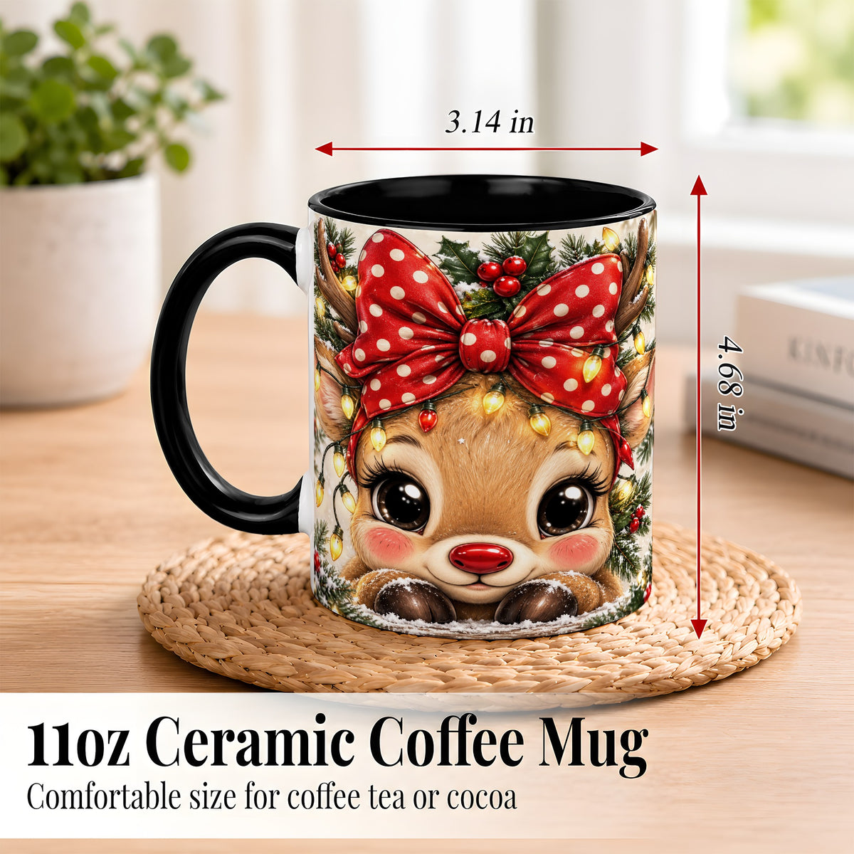 #pl[11oz|Black] Cute Christmas Reindeer Coffee Mug, Holiday Deer Mug, Ceramic Cup