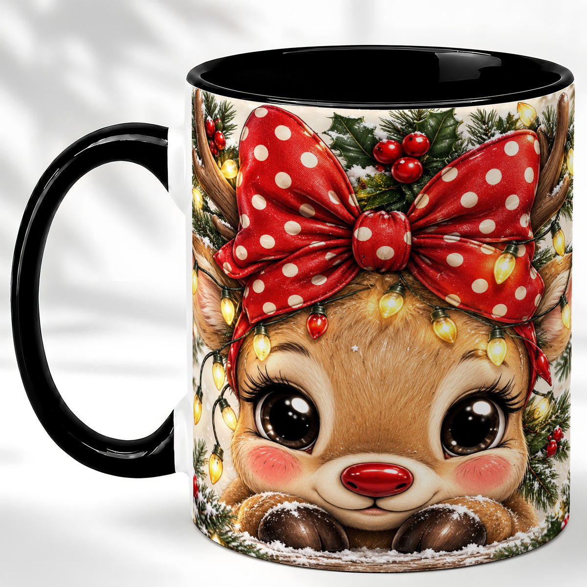 #pl[11oz|Black] Cute Christmas Reindeer Coffee Mug, Holiday Deer Mug, Ceramic Cup