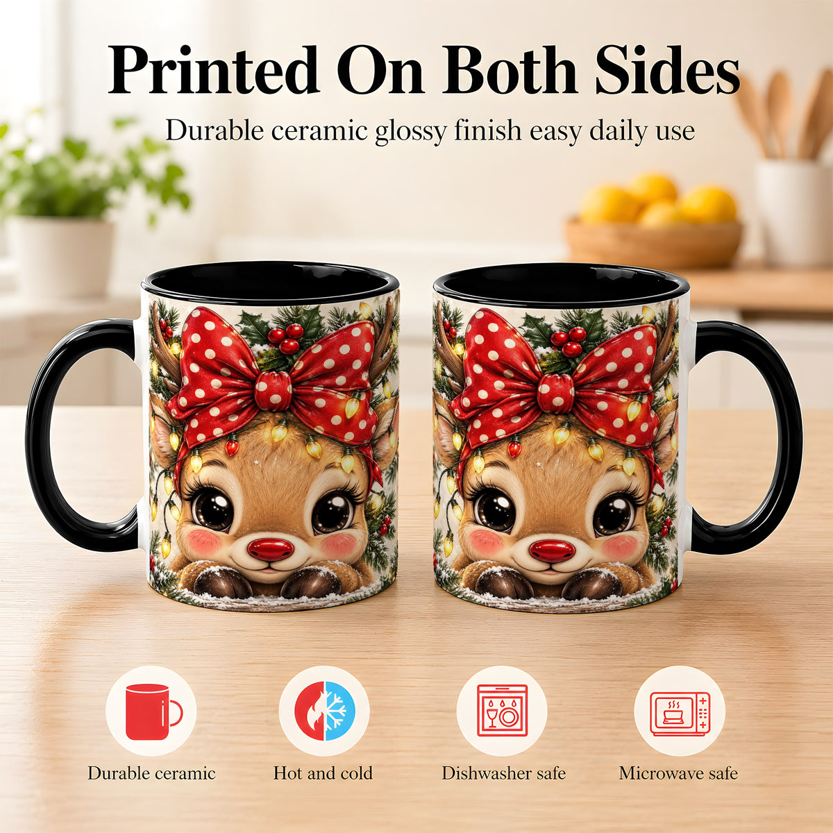 #pl[11oz|Black] Cute Christmas Reindeer Coffee Mug, Holiday Deer Mug, Ceramic Cup