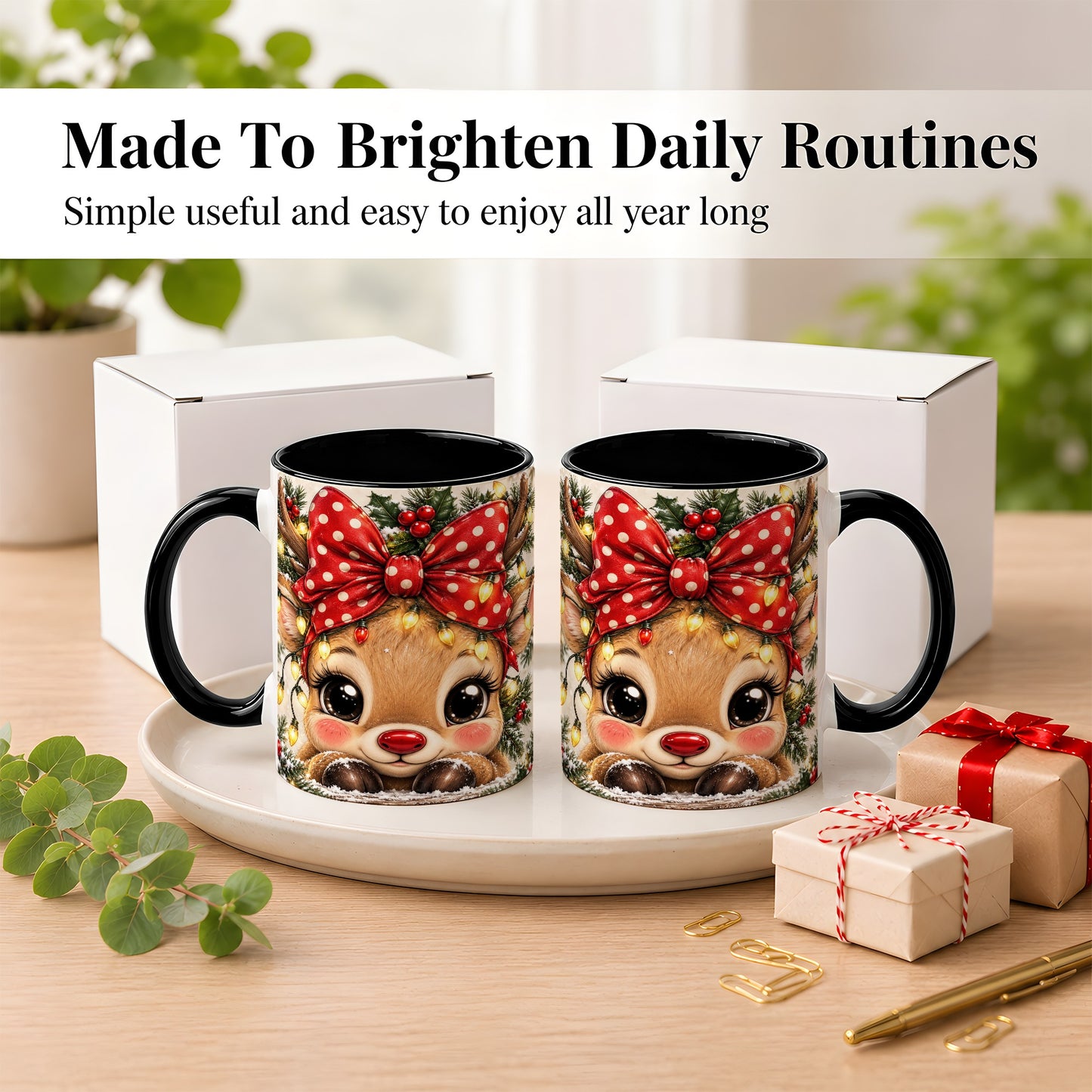 #pl[11oz|Black] Cute Christmas Reindeer Coffee Mug, Holiday Deer Mug, Ceramic Cup