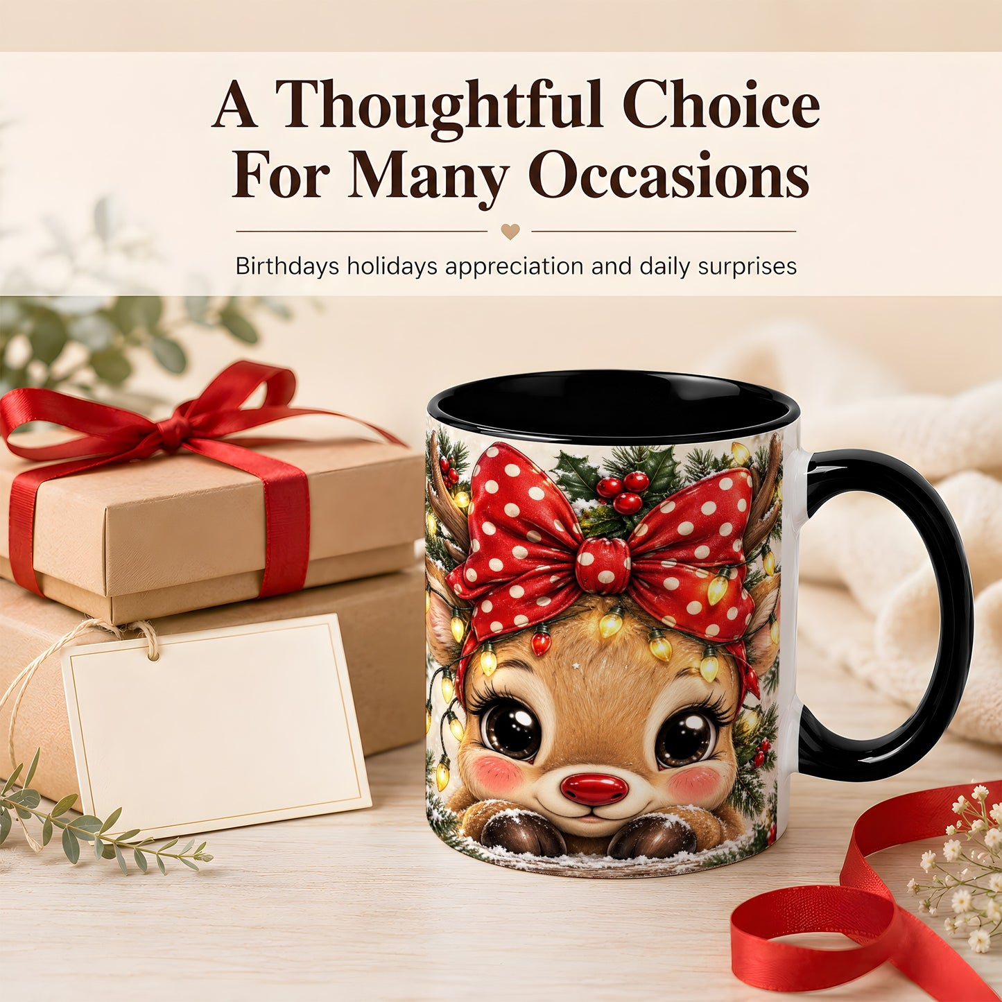 #pl[11oz|Black] Cute Christmas Reindeer Coffee Mug, Holiday Deer Mug, Ceramic Cup