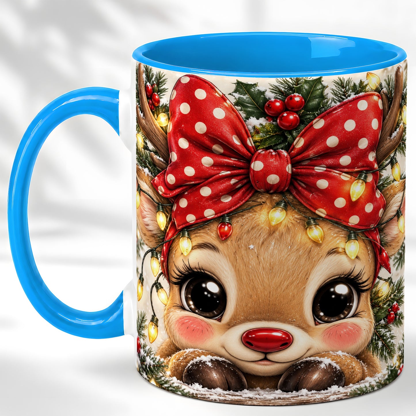#pl[11oz|Blue] Cute Christmas Reindeer Coffee Mug, Holiday Deer Mug, Ceramic Cup