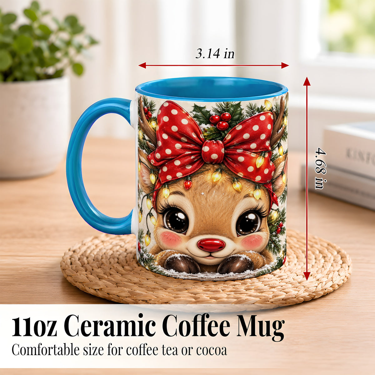 #pl[11oz|Blue] Cute Christmas Reindeer Coffee Mug, Holiday Deer Mug, Ceramic Cup