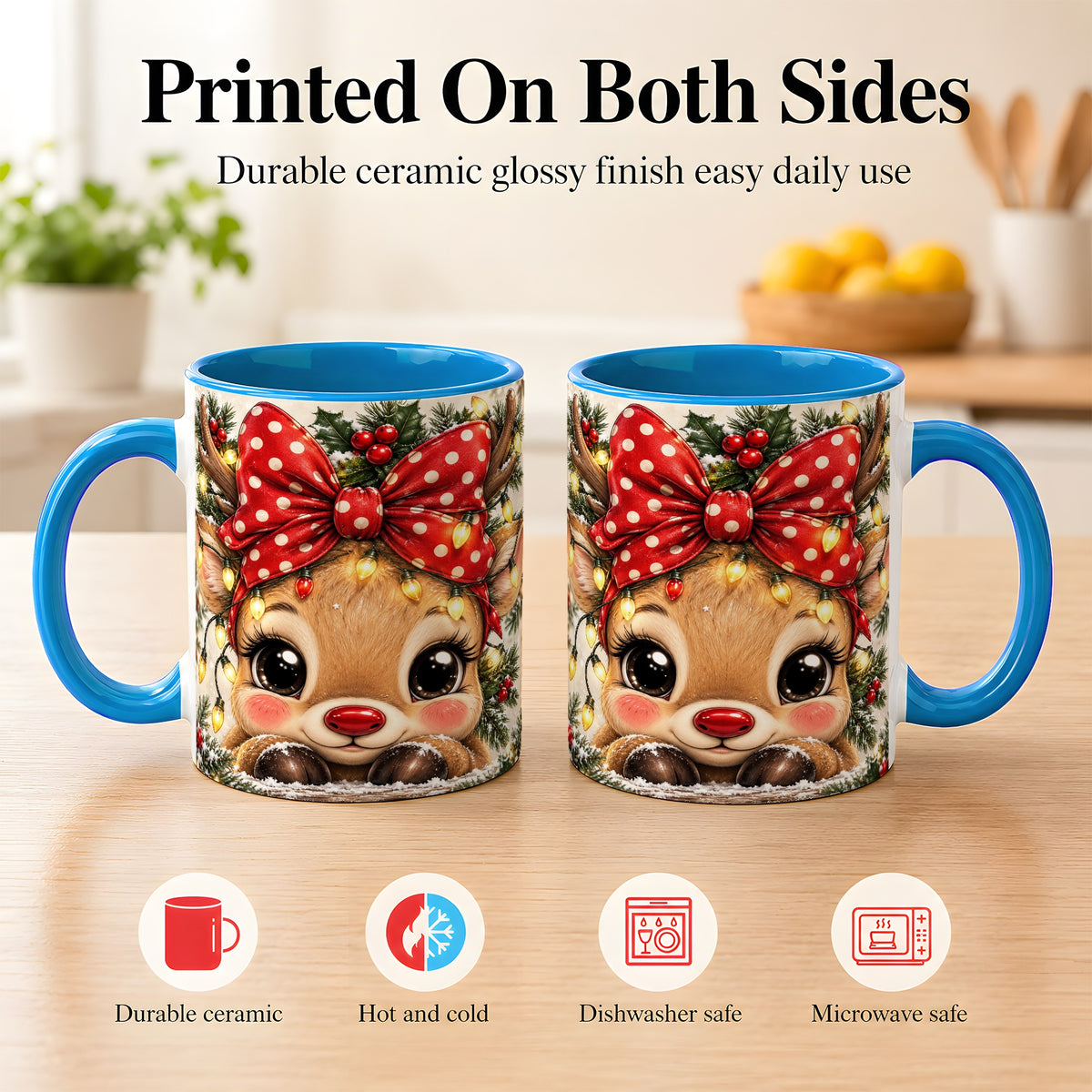 #pl[11oz|Blue] Cute Christmas Reindeer Coffee Mug, Holiday Deer Mug, Ceramic Cup