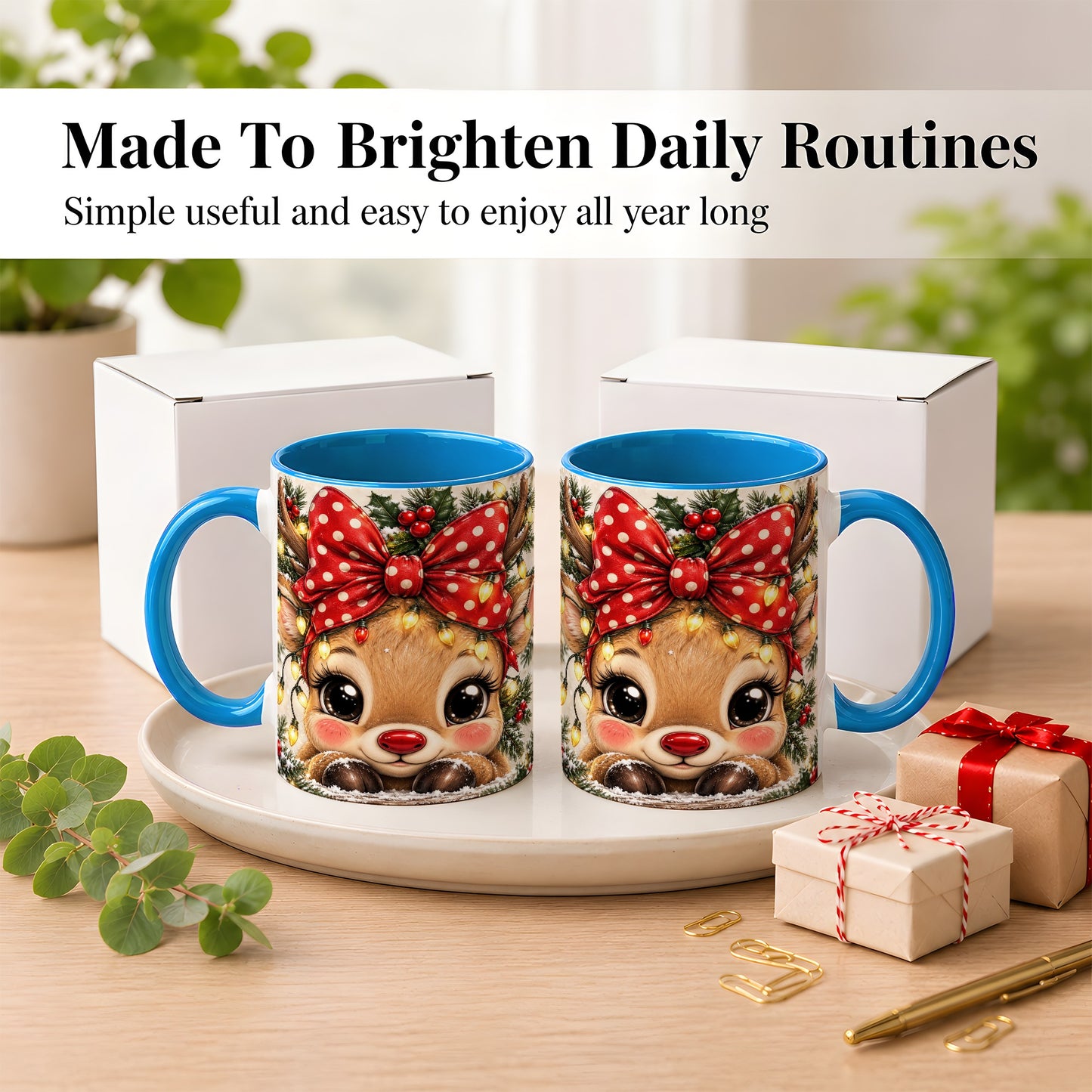 #pl[11oz|Blue] Cute Christmas Reindeer Coffee Mug, Holiday Deer Mug, Ceramic Cup