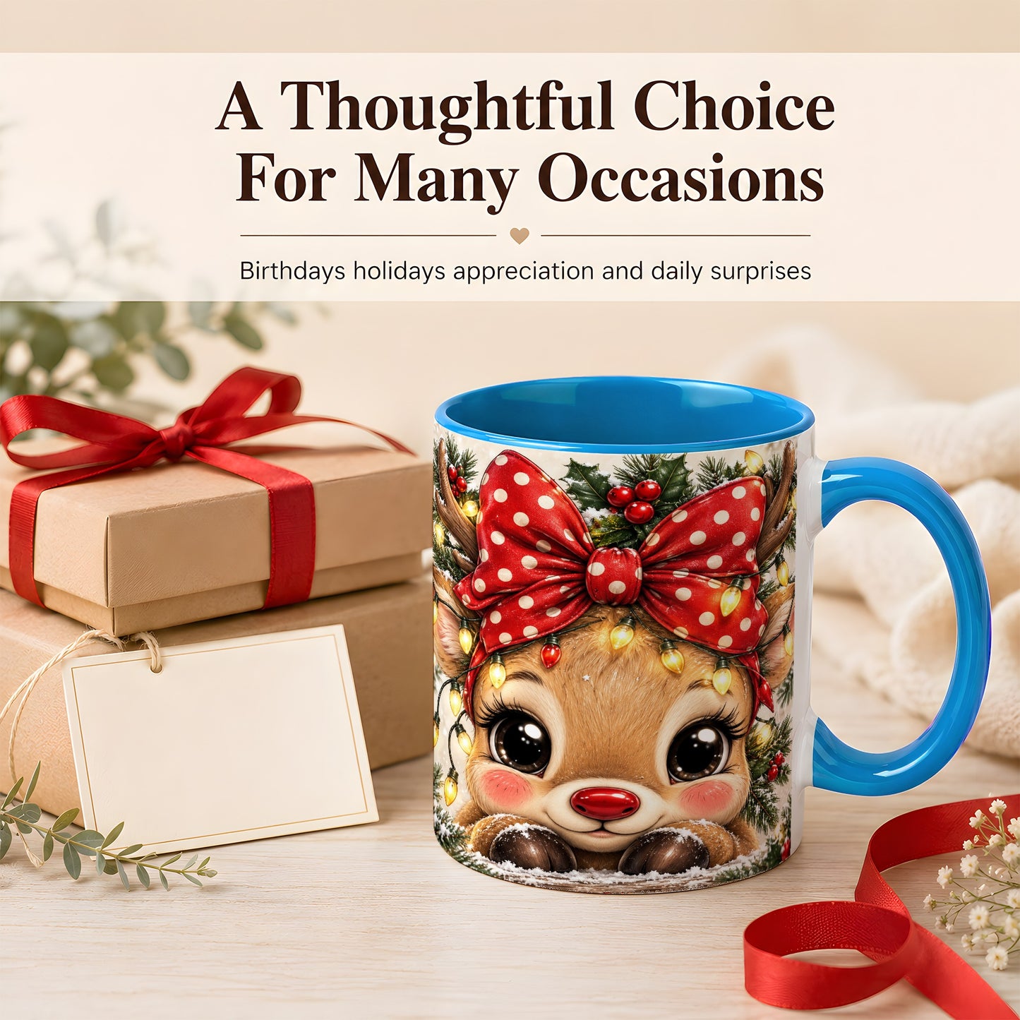 #pl[11oz|Blue] Cute Christmas Reindeer Coffee Mug, Holiday Deer Mug, Ceramic Cup