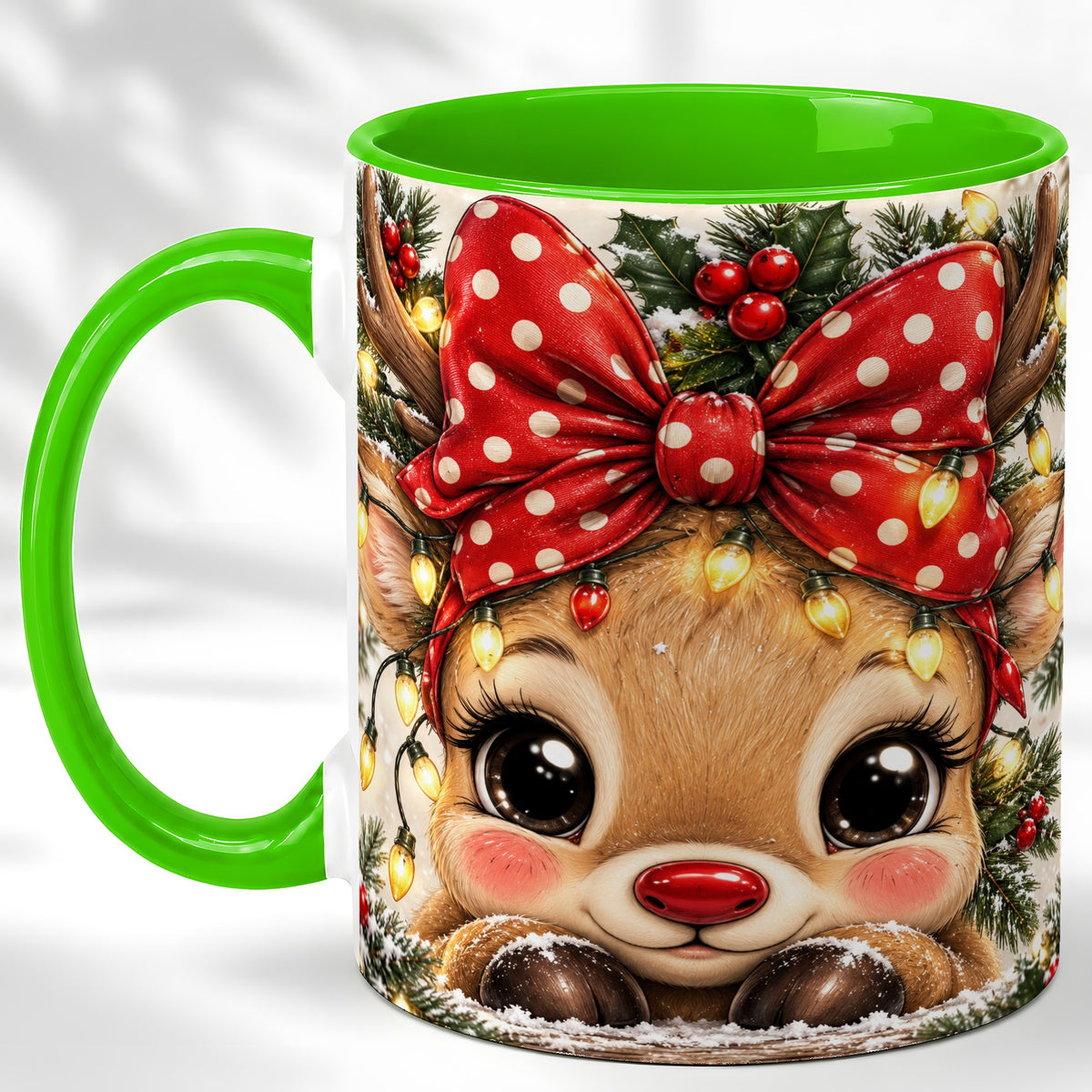 #pl[11oz|Green] Cute Christmas Reindeer Coffee Mug, Holiday Deer Mug, Ceramic Cup
