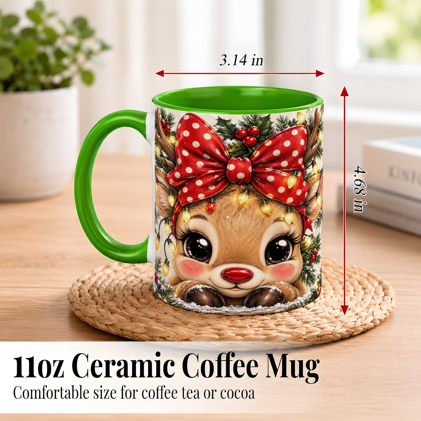 #pl[11oz|Green] Cute Christmas Reindeer Coffee Mug, Holiday Deer Mug, Ceramic Cup