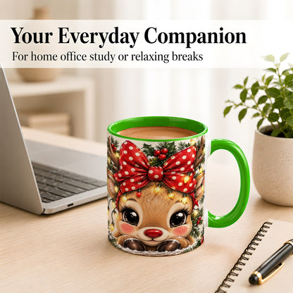 #pl[11oz|Green] Cute Christmas Reindeer Coffee Mug, Holiday Deer Mug, Ceramic Cup