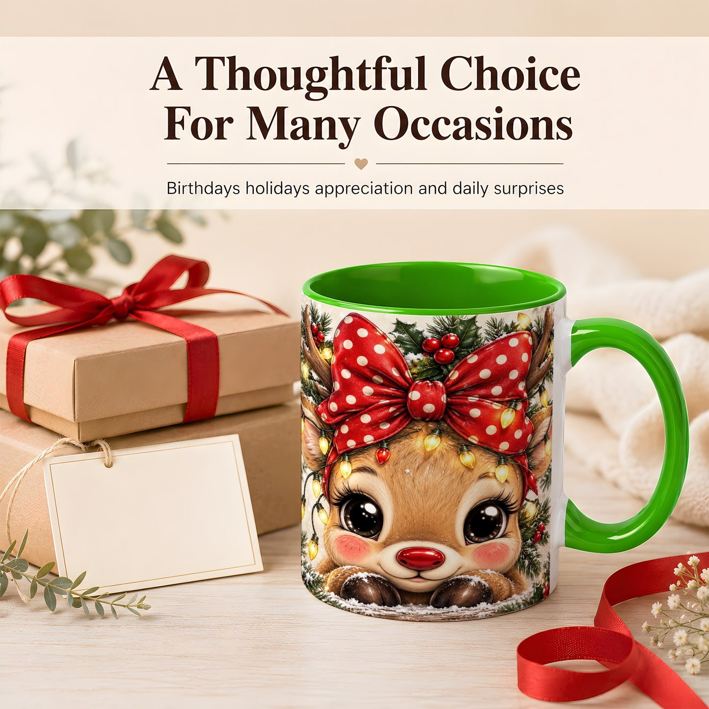 #pl[11oz|Green] Cute Christmas Reindeer Coffee Mug, Holiday Deer Mug, Ceramic Cup