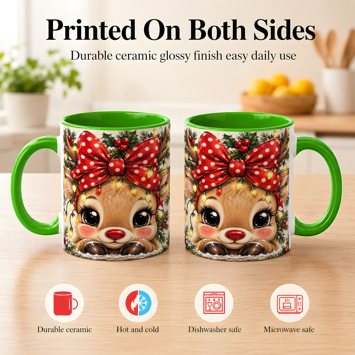 #pl[11oz|Green] Cute Christmas Reindeer Coffee Mug, Holiday Deer Mug, Ceramic Cup